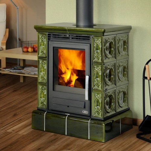 Дровяная печь ABX HELVETIA Exclusive кафельный цоколь, зеленая 