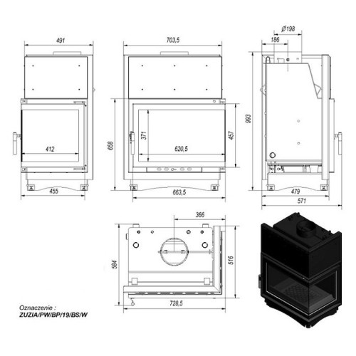 Угловая правая дровяная топка Kratki ZUZIA PW/BP/19/BS/W(угловое стекло справа) 