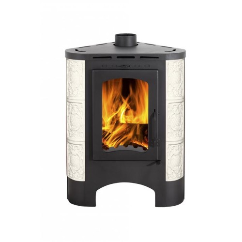 Дровяная печь ЭКОКАМИН БАВАРИЯ УГЛОВАЯ РАДИУС изразцовая Барокко беж с металл крышкой 